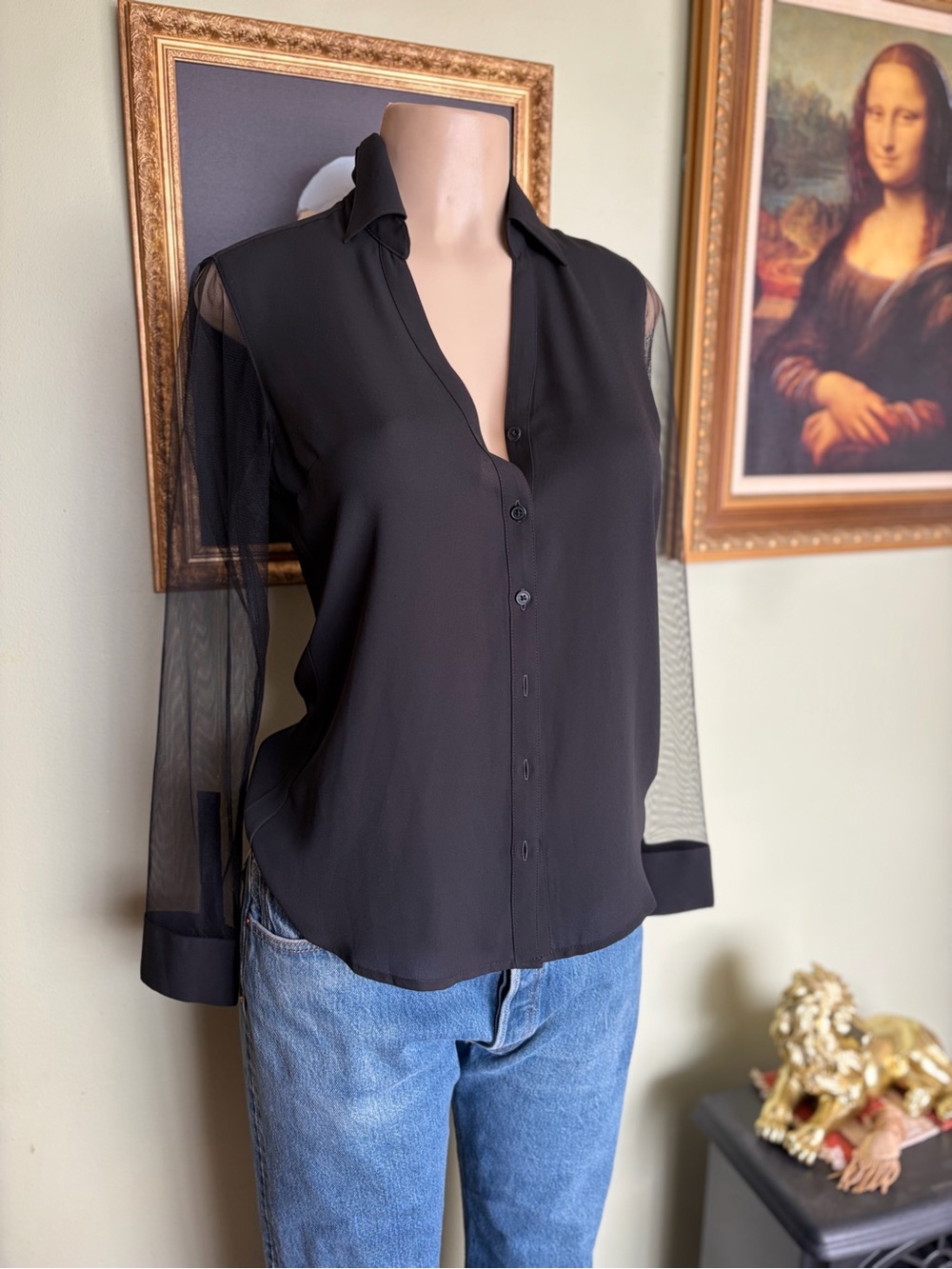 Express Black Portofino Button-Down Top with Sheer Sleeves Size XS Slim-Flit - Picture 2 of 15